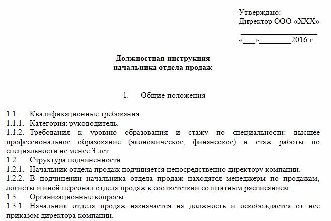 должностная инструкция директора по развитию продаж